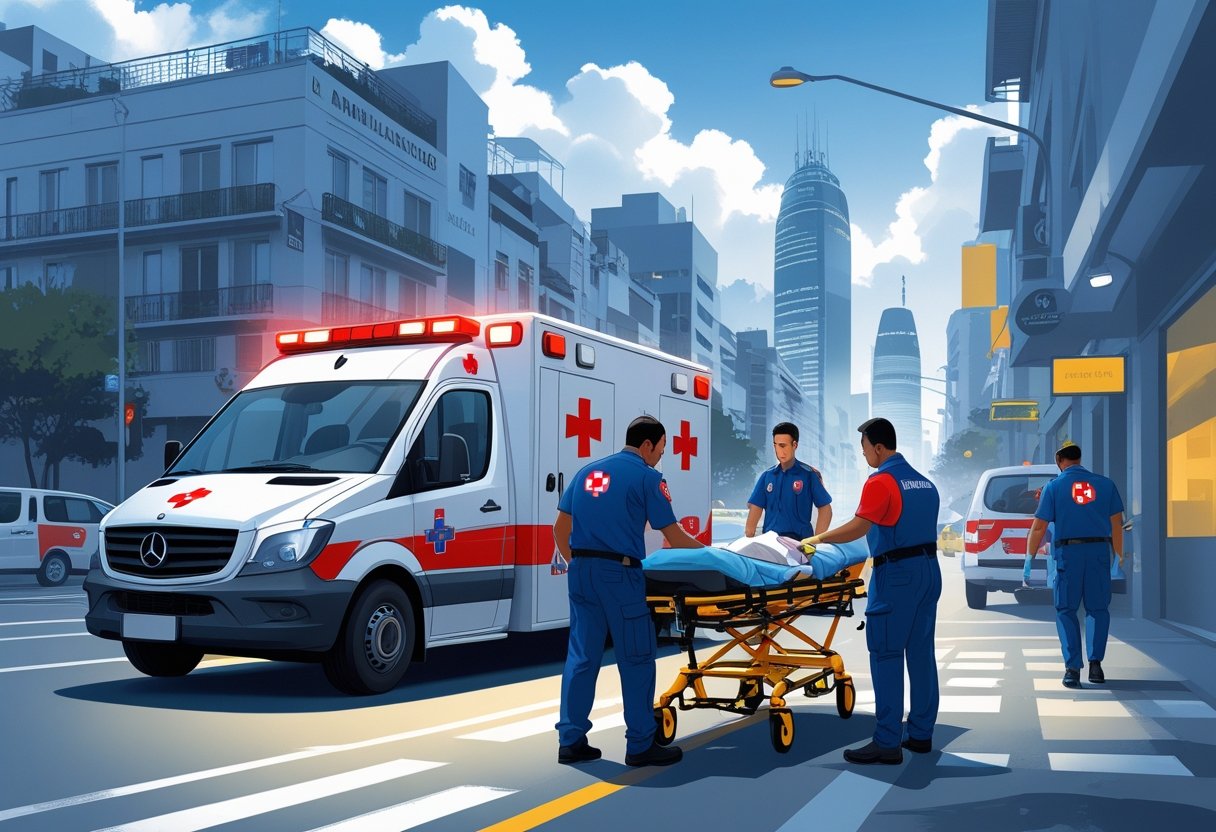Ambulância com paramédicos atendendo um paciente em uma rua urbana do Rio de Janeiro, mostrando diferentes tipos de atendimento médico de emergência.