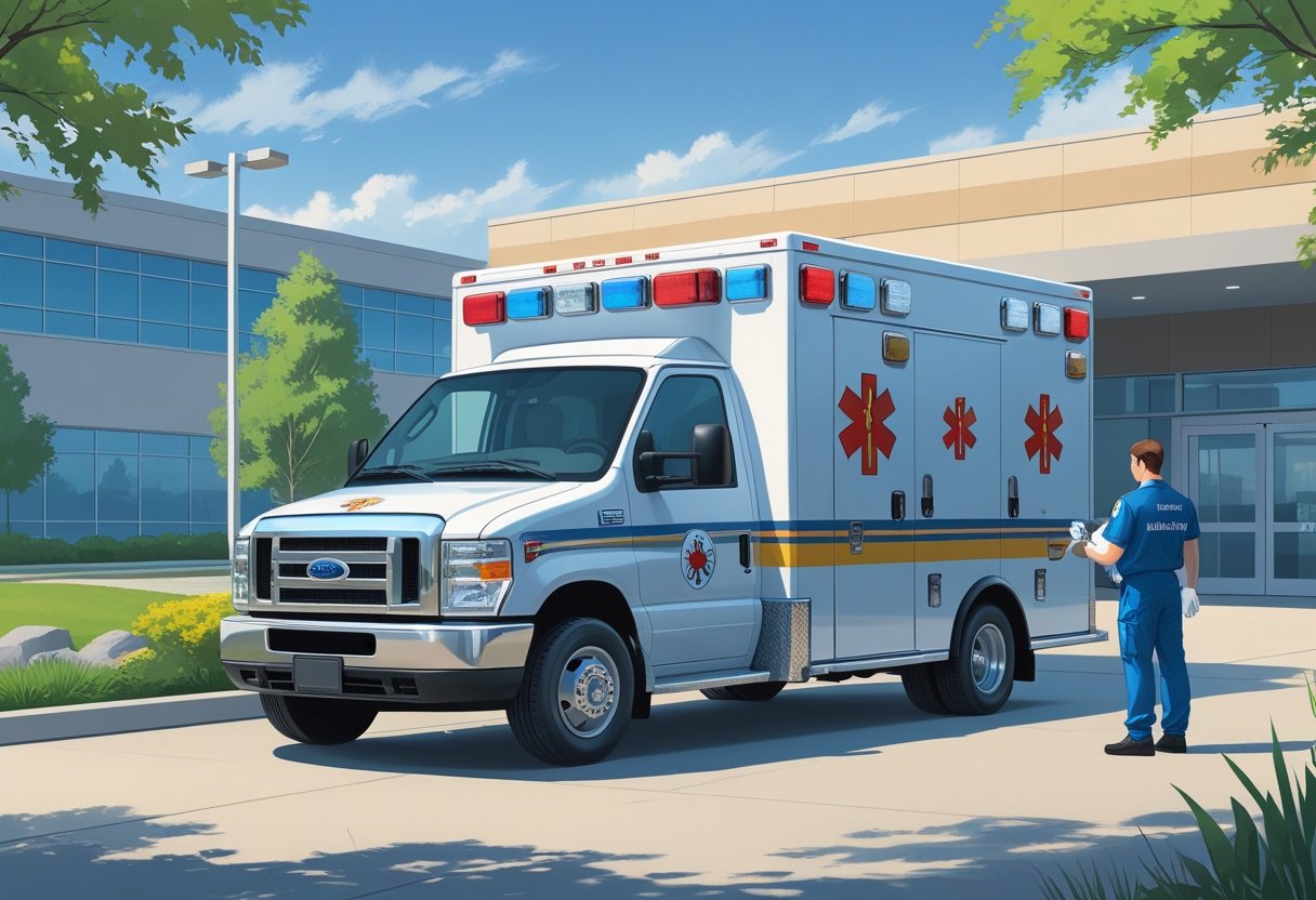 Uma ambulância de aluguel moderna estacionada na entrada de um hospital com um paramédico ao lado preparando equipamentos médicos.