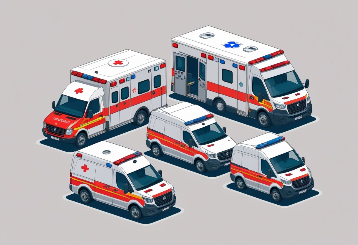 Três tipos diferentes de ambulâncias alinhadas lado a lado, mostrando os principais modelos disponíveis para aluguel.
