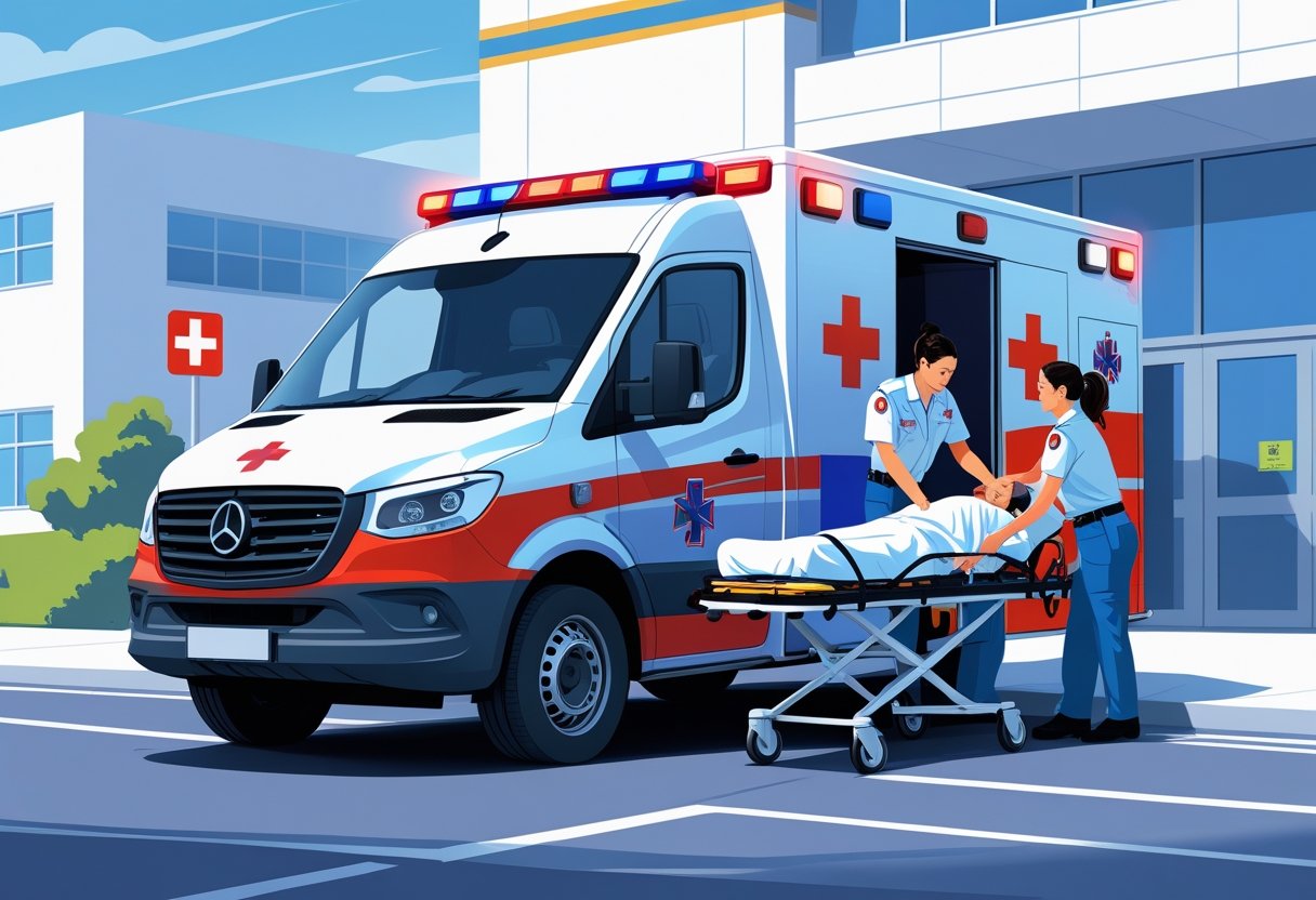 Uma ambulância com luzes de emergência ligadas, paramédicos atendendo um paciente em uma maca próximo a um hospital.