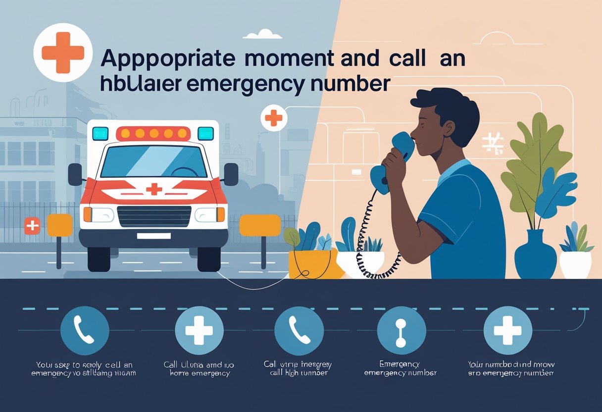 Pessoa usando telefone para ligar para a emergência de ambulância, com uma ambulância se aproximando ao fundo.