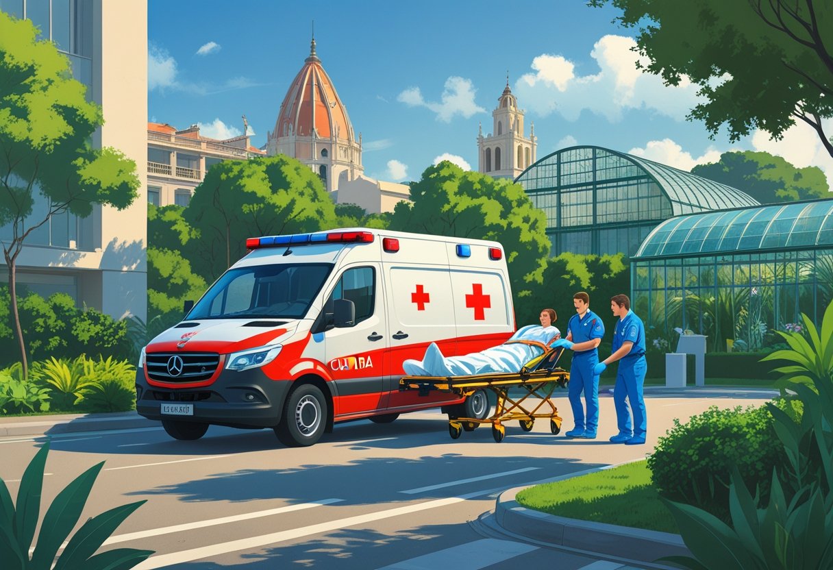 Uma ambulância em uma rua de Curitiba com paramédicos atendendo um paciente em uma maca, com elementos urbanos da cidade ao fundo.