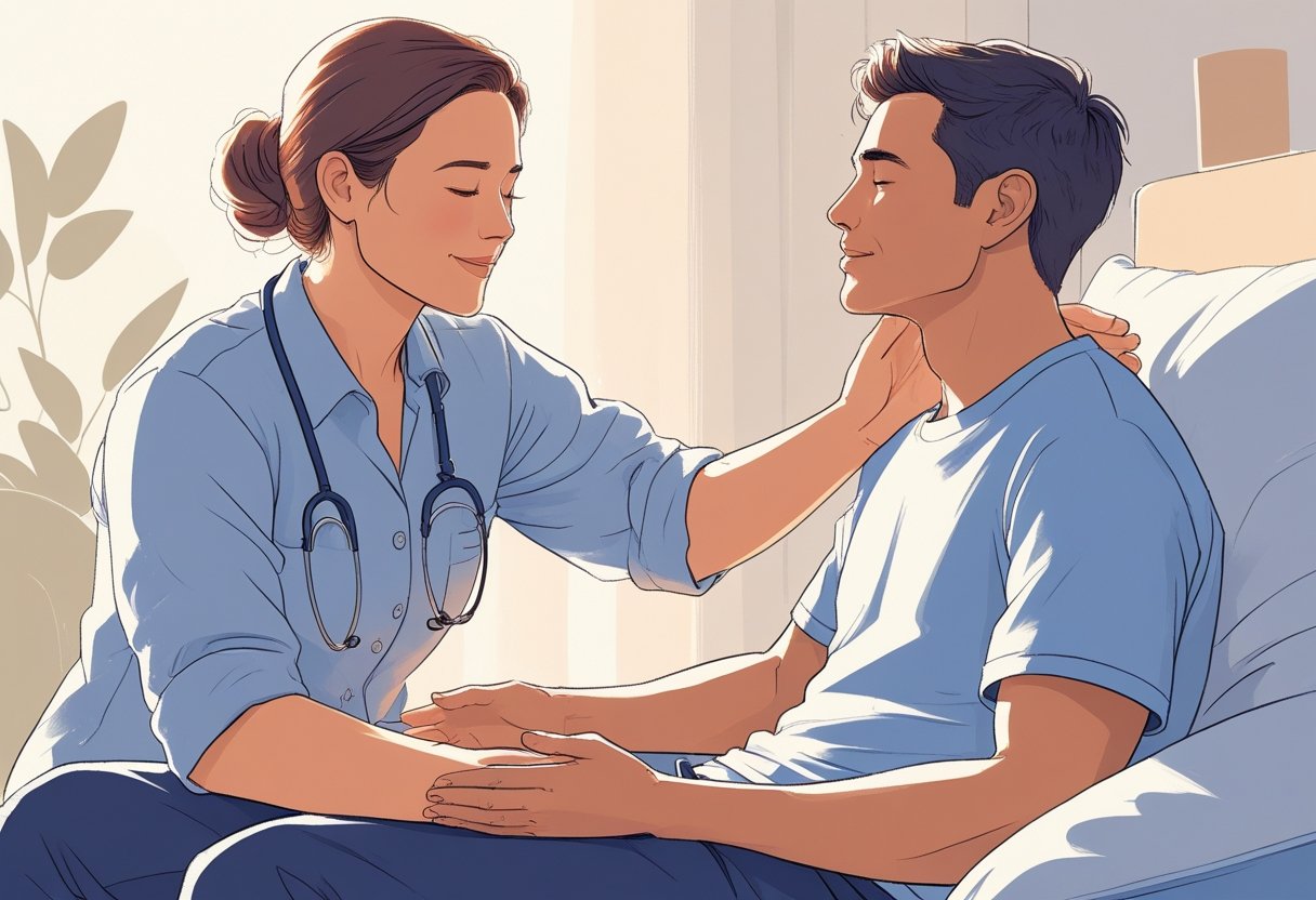 Uma pessoa ajudando outra que está em situação de dependência química, em um ambiente calmo e acolhedor, transmitindo apoio e esperança.