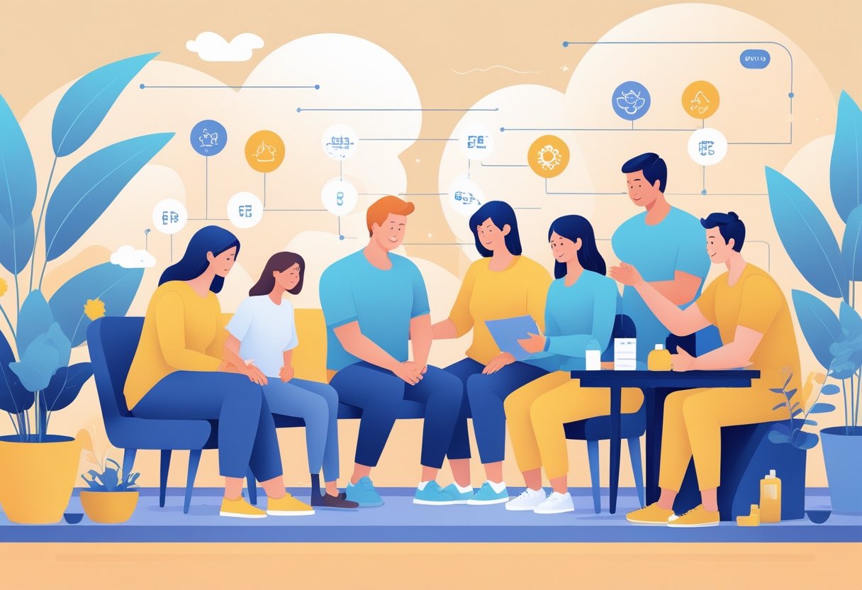 Cena mostrando pessoas em diferentes etapas do processo de resgate de dependentes químicos, incluindo apoio emocional, terapia em grupo e planejamento, em um ambiente acolhedor e esperançoso.