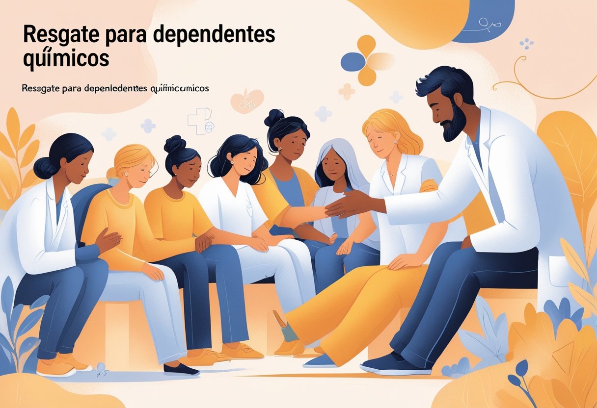 Pessoas recebendo ajuda e apoio em um ambiente acolhedor, simbolizando o resgate e a recuperação de dependentes químicos.