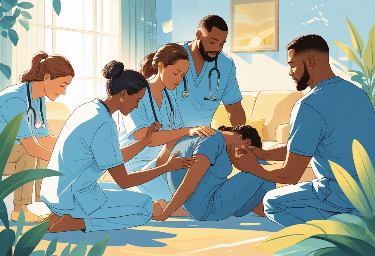 Equipe de profissionais ajudando uma pessoa em sofrimento em um ambiente calmo e acolhedor, simbolizando o processo de resgate para dependentes químicos.