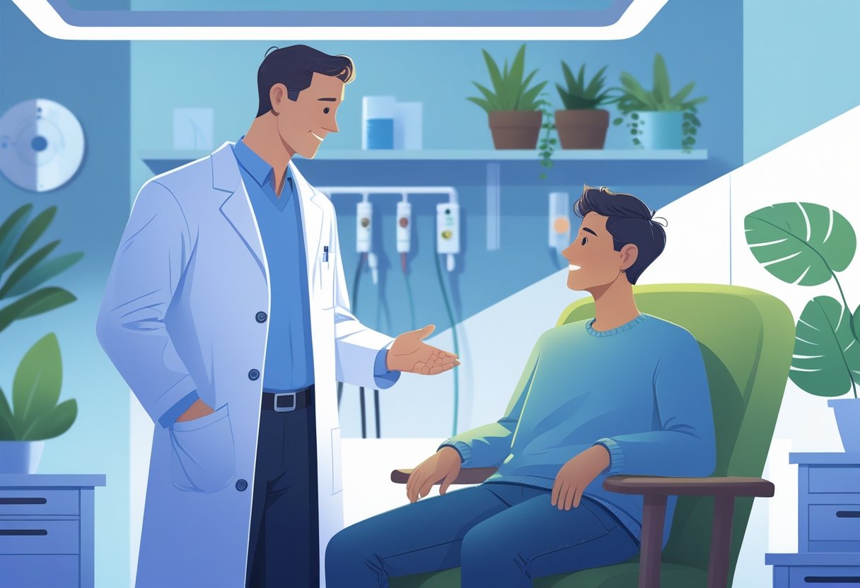 Um psiquiatra conversando de forma acolhedora com um paciente em uma sala de hospital psiquiátrico, transmitindo cuidado e apoio.