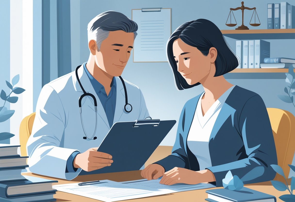 Um médico psiquiatra conversando de forma respeitosa com um paciente em um consultório, com livros jurídicos e uma balança de justiça ao fundo.