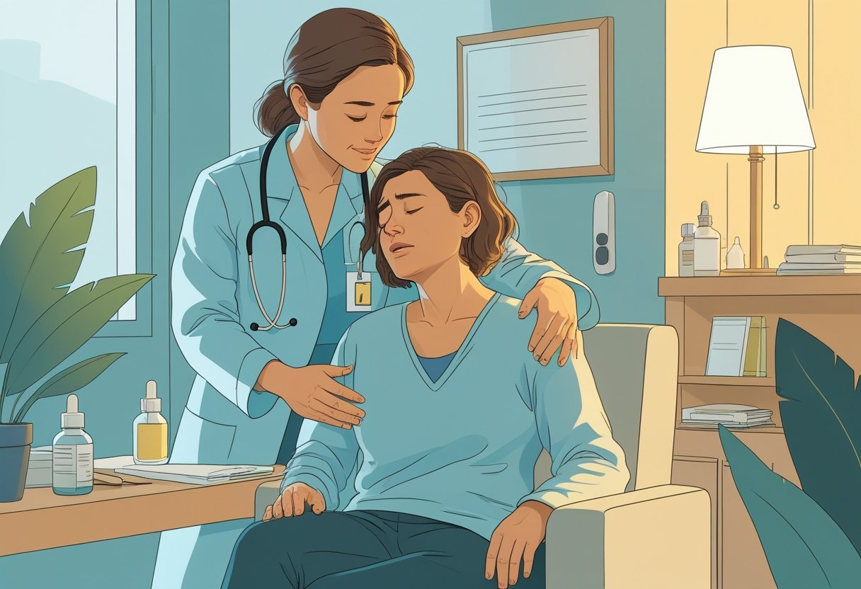 Profissional de saúde apoiando uma pessoa visivelmente angustiada em um ambiente calmo e acolhedor, simbolizando o resgate de dependente químico.