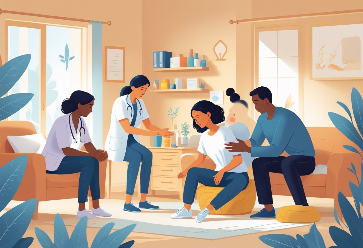 Uma equipe de profissionais ajudando uma pessoa em sofrimento em um ambiente acolhedor, transmitindo apoio e esperança.