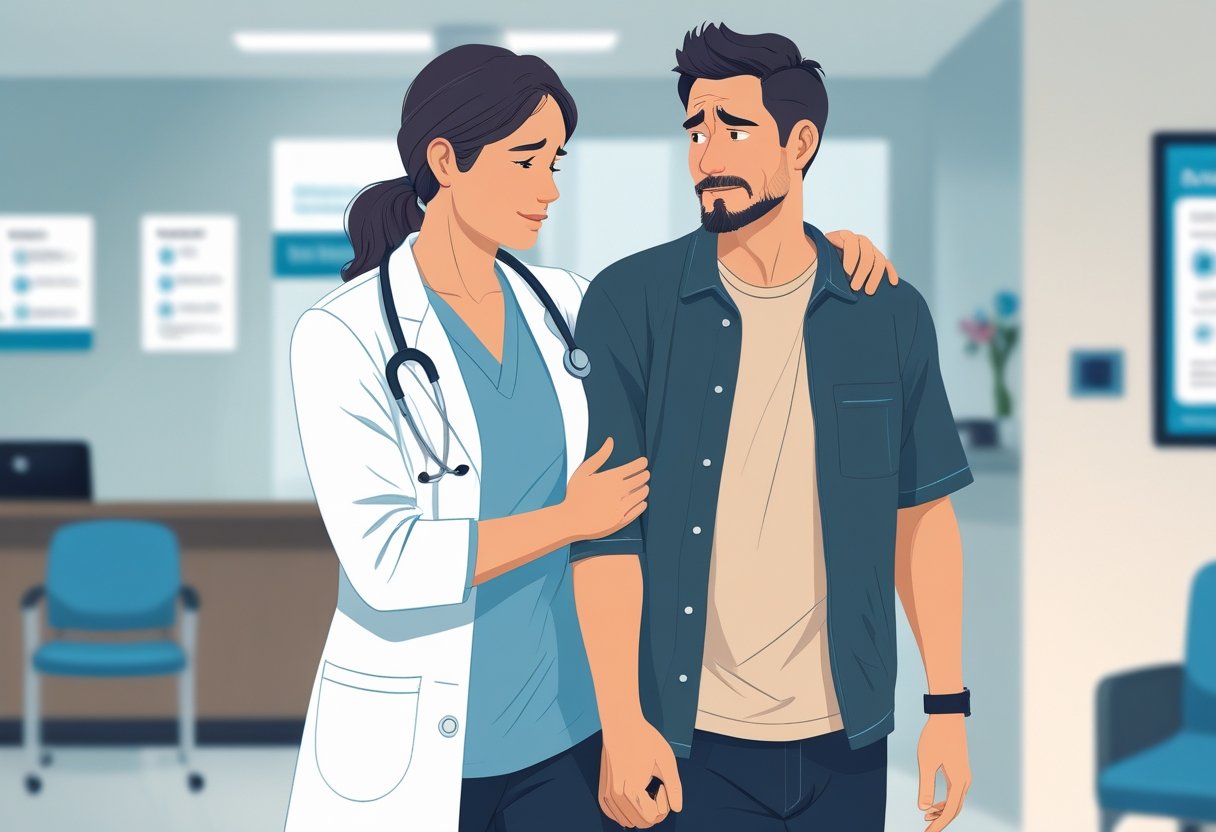 Profissional de saúde guiando uma pessoa angustiada em um ambiente hospitalar, simbolizando internação involuntária por dependência química.