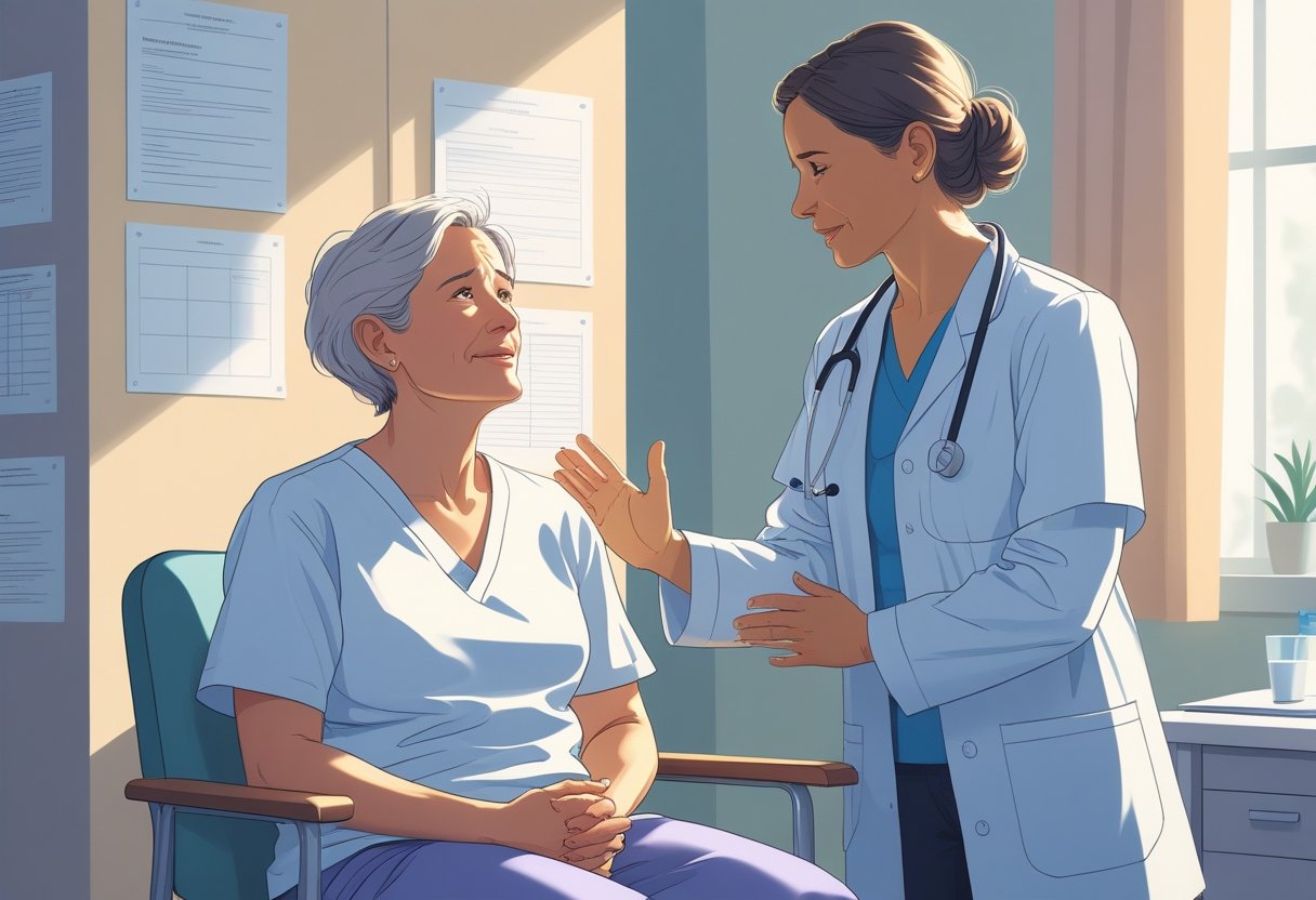 Profissional de saúde conversando de forma acolhedora com paciente adulto em ambiente hospitalar, transmitindo cuidado e apoio.