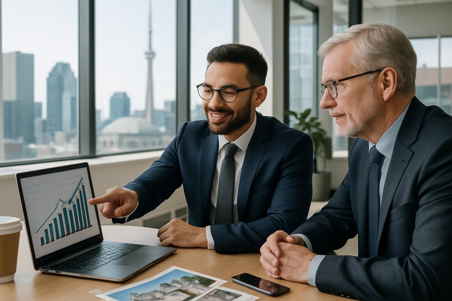 A real estate agent and a mentor discussing growth data on a laptop in a bright office with a city view. A real estate agent and a mentor discussing growth data on a laptop in a bright office with a city view.