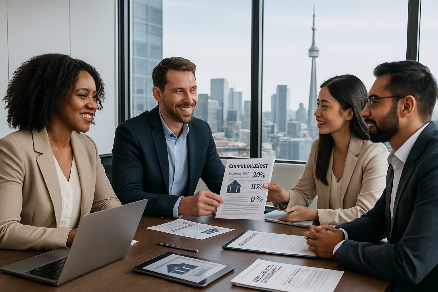A group of diverse real estate agents collaborating around a conference table in a bright office with a city view in the background. A group of diverse real estate agents collaborating around a conference table in a bright office with a city view in the background.