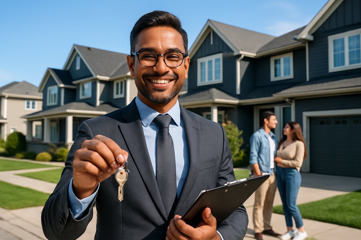 A real estate agent in business attire holding keys and a clipboard, standing outside houses with a couple looking at a home.