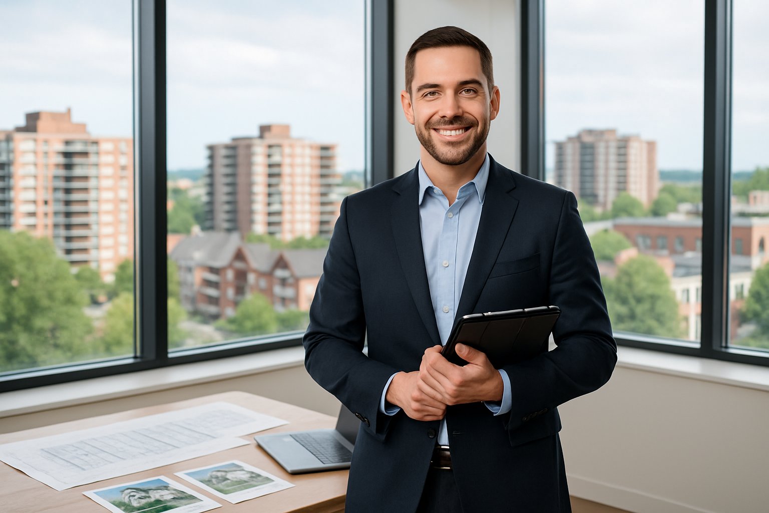 A confident real estate agent in business attire stands in a modern office with city buildings visible through large windows, holding a tablet with office supplies on a nearby desk.