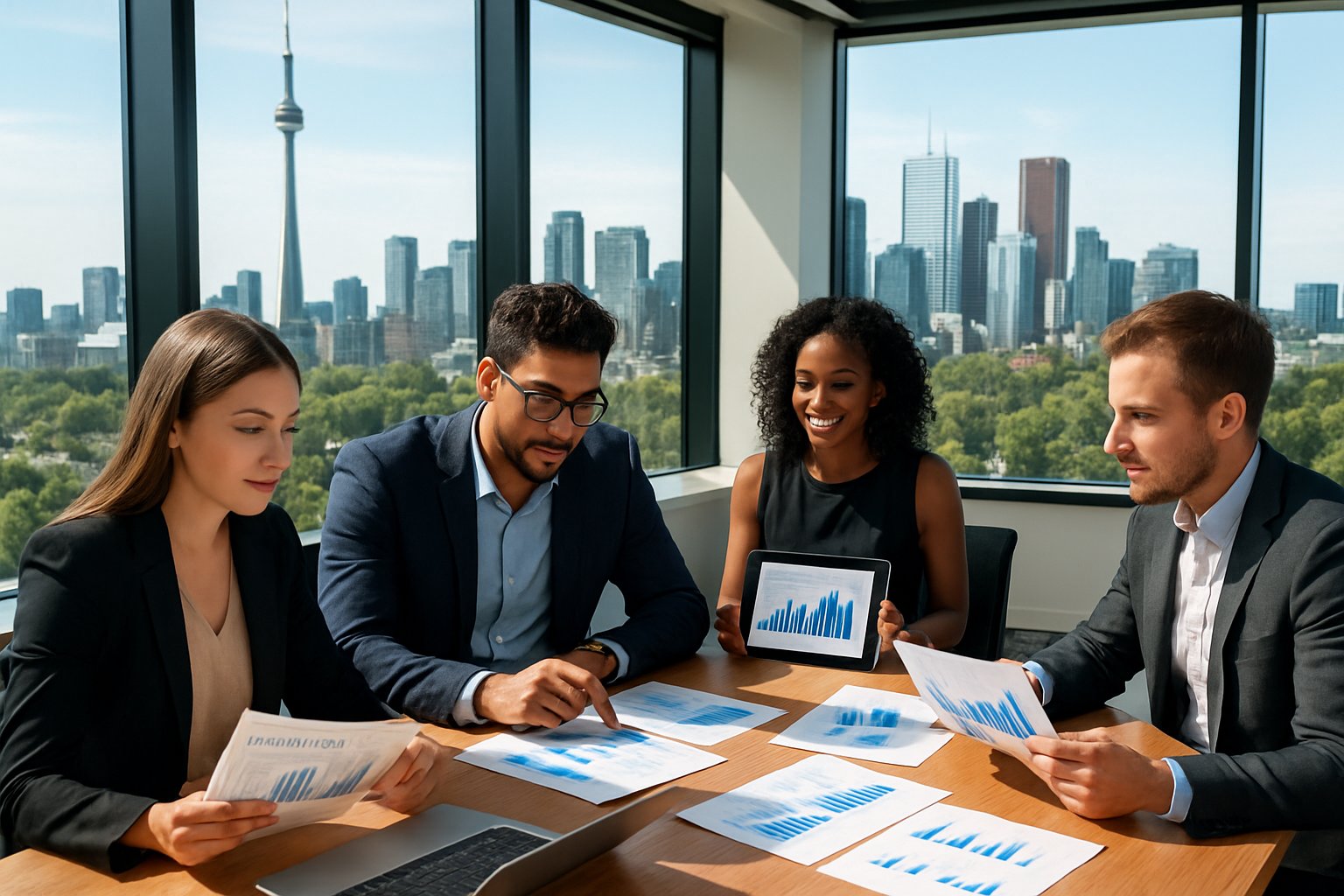 A group of young professionals having a meeting in an office with a city skyline visible through large windows.