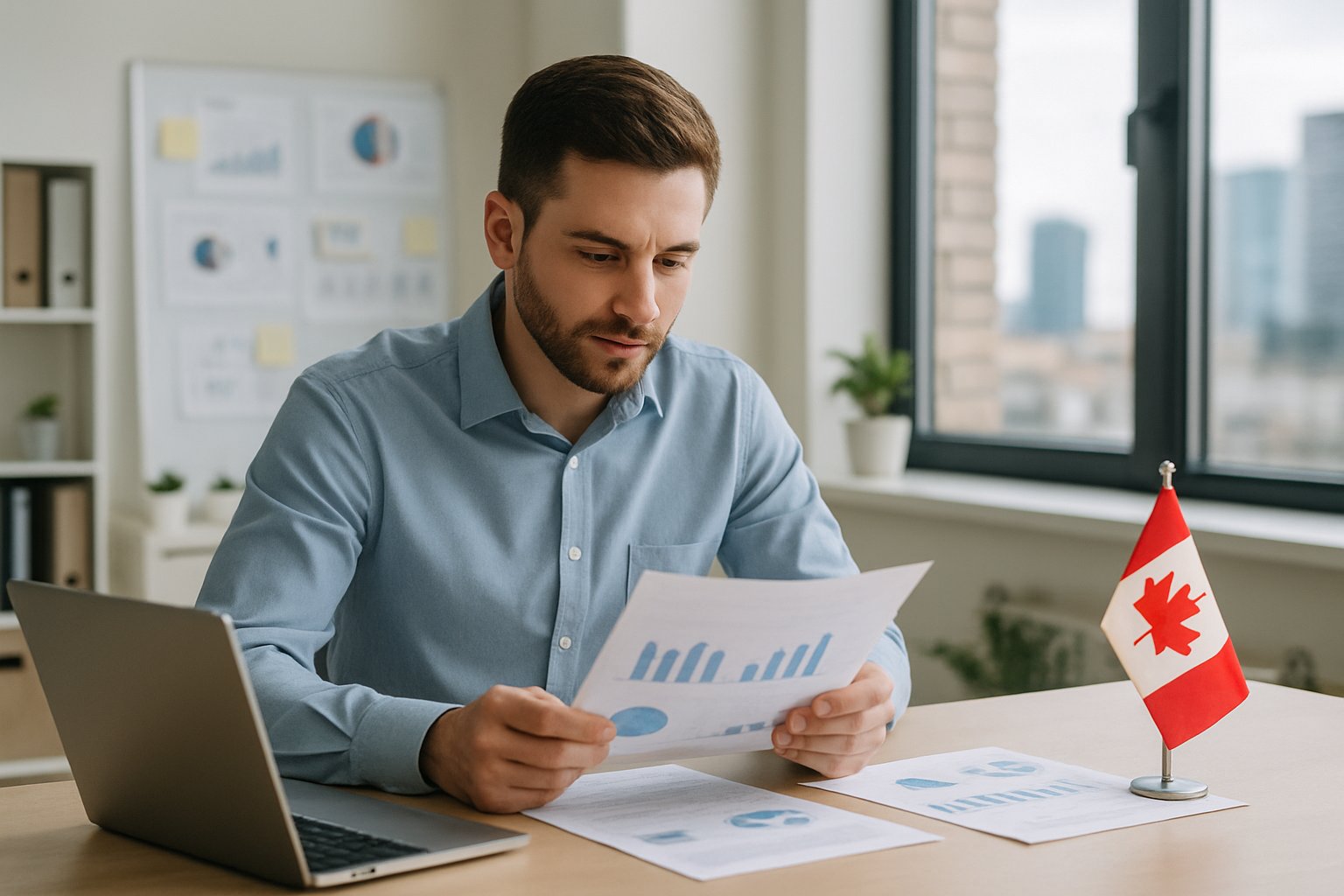 A young realtor working at a desk with a laptop and documents in a bright office with large windows.