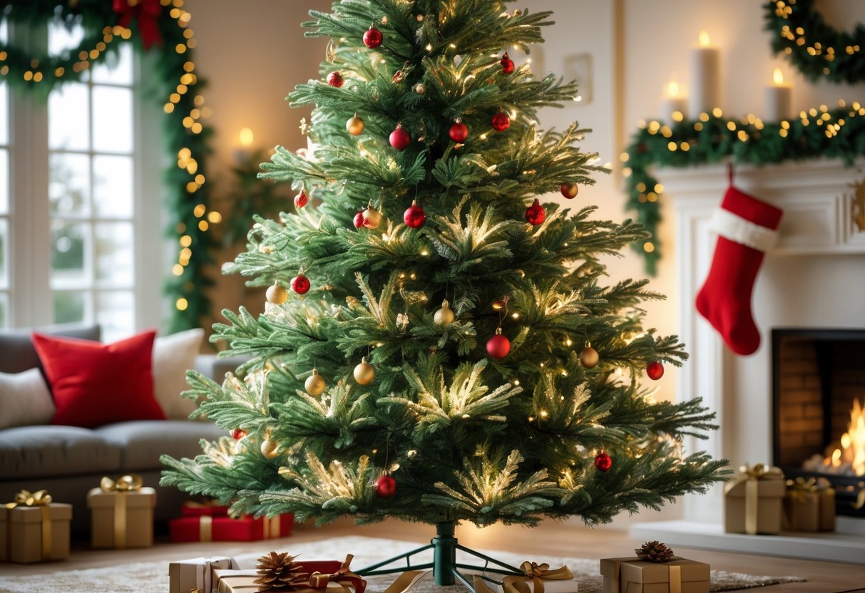 A decorated artificial Christmas tree with built-in lights in a cozy living room with holiday decorations and wrapped gifts underneath.