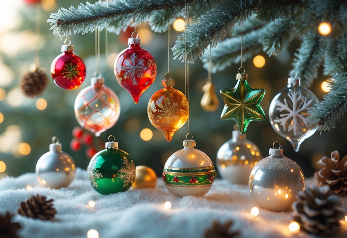 A display of handcrafted glass Christmas ornaments hanging on snow-dusted pine branches with holiday decorations in the background.