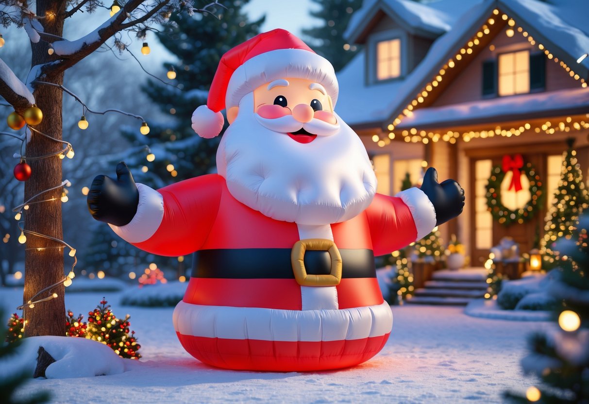 An outdoor Christmas scene with a large inflatable Santa Claus in a snowy yard surrounded by festive lights and decorations.