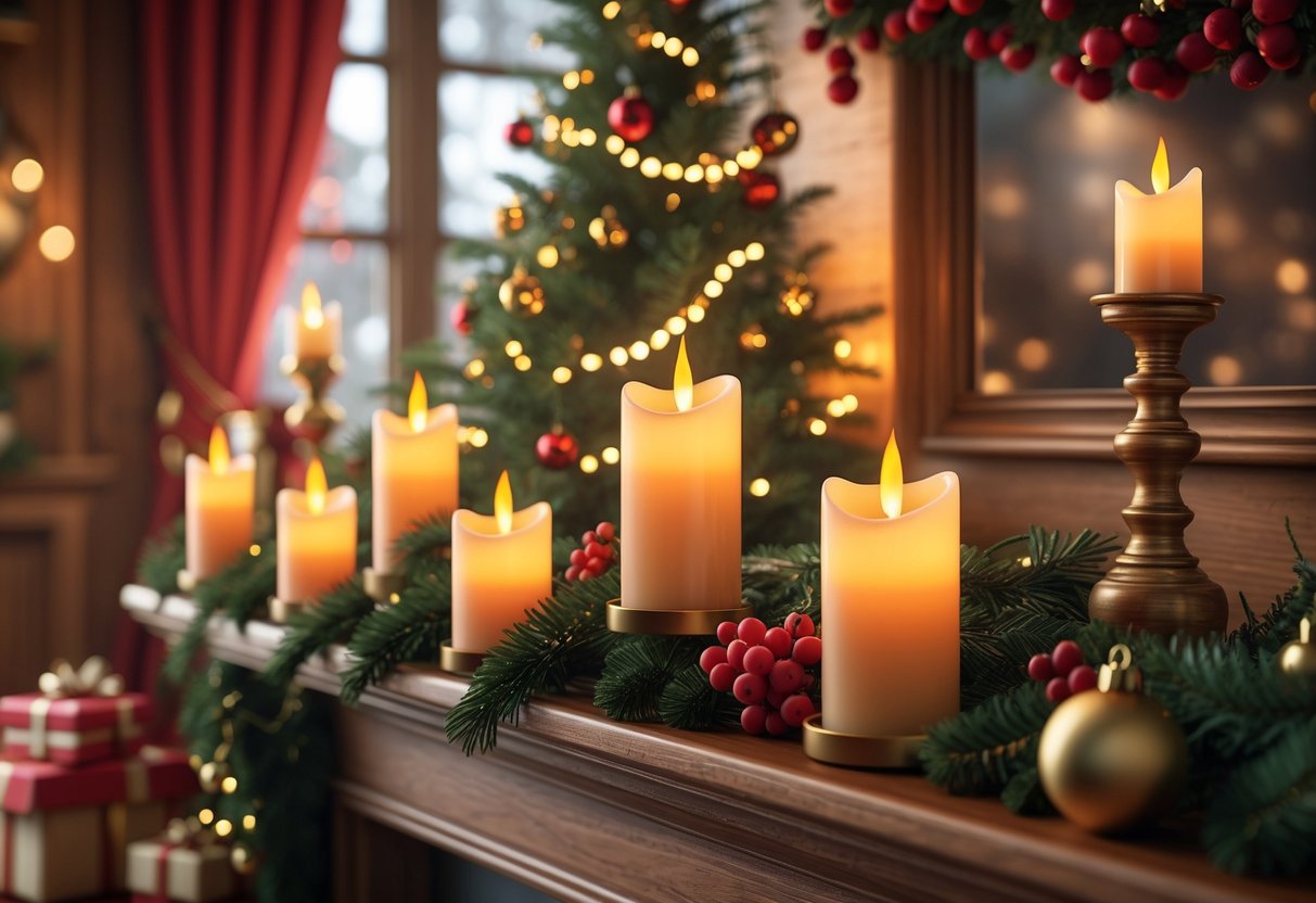 A cozy Christmas scene with battery-operated flameless candles glowing on a decorated mantelpiece surrounded by pine garlands and ornaments, with a Christmas tree and presents in the background.