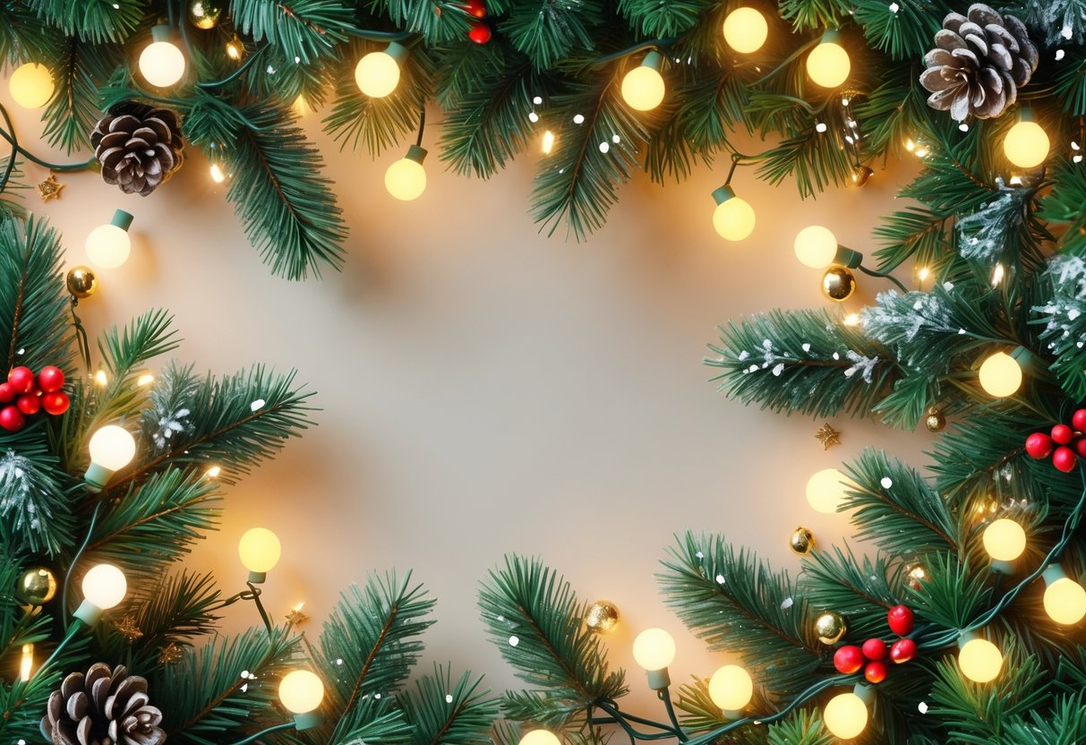 A Christmas garland made of pine branches decorated with glowing white LED lights, red berries, pinecones, and golden ornaments.