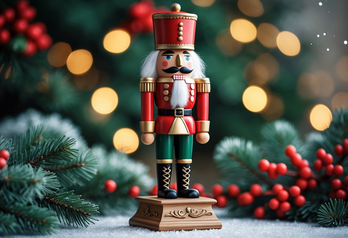 A wooden nutcracker figurine standing among Christmas decorations including pine branches and holly berries with soft holiday lights in the background.