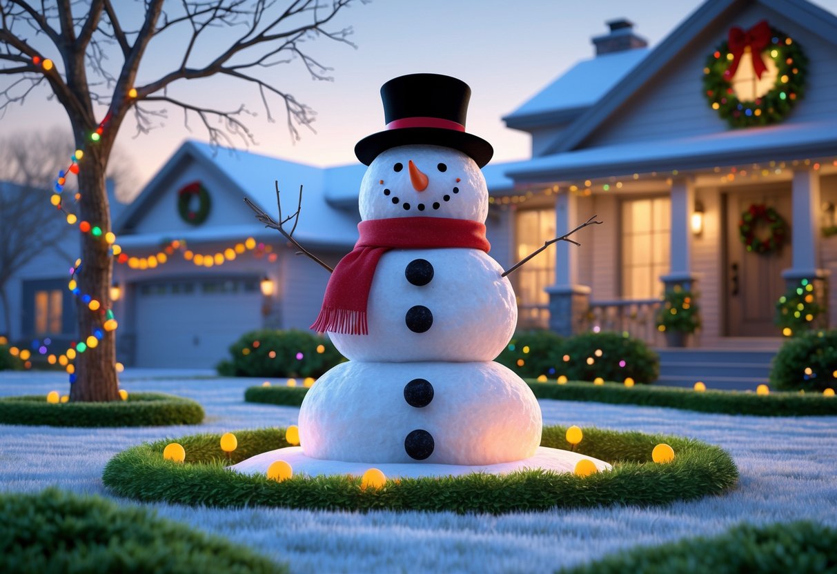 A snowman lawn decoration with a scarf and hat, surrounded by Christmas lights and a decorated house in the background.