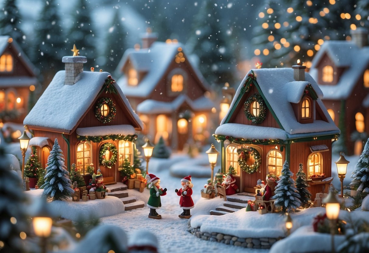 A snowy Christmas village with miniature decorated houses, pine trees, and tiny figures enjoying holiday activities.