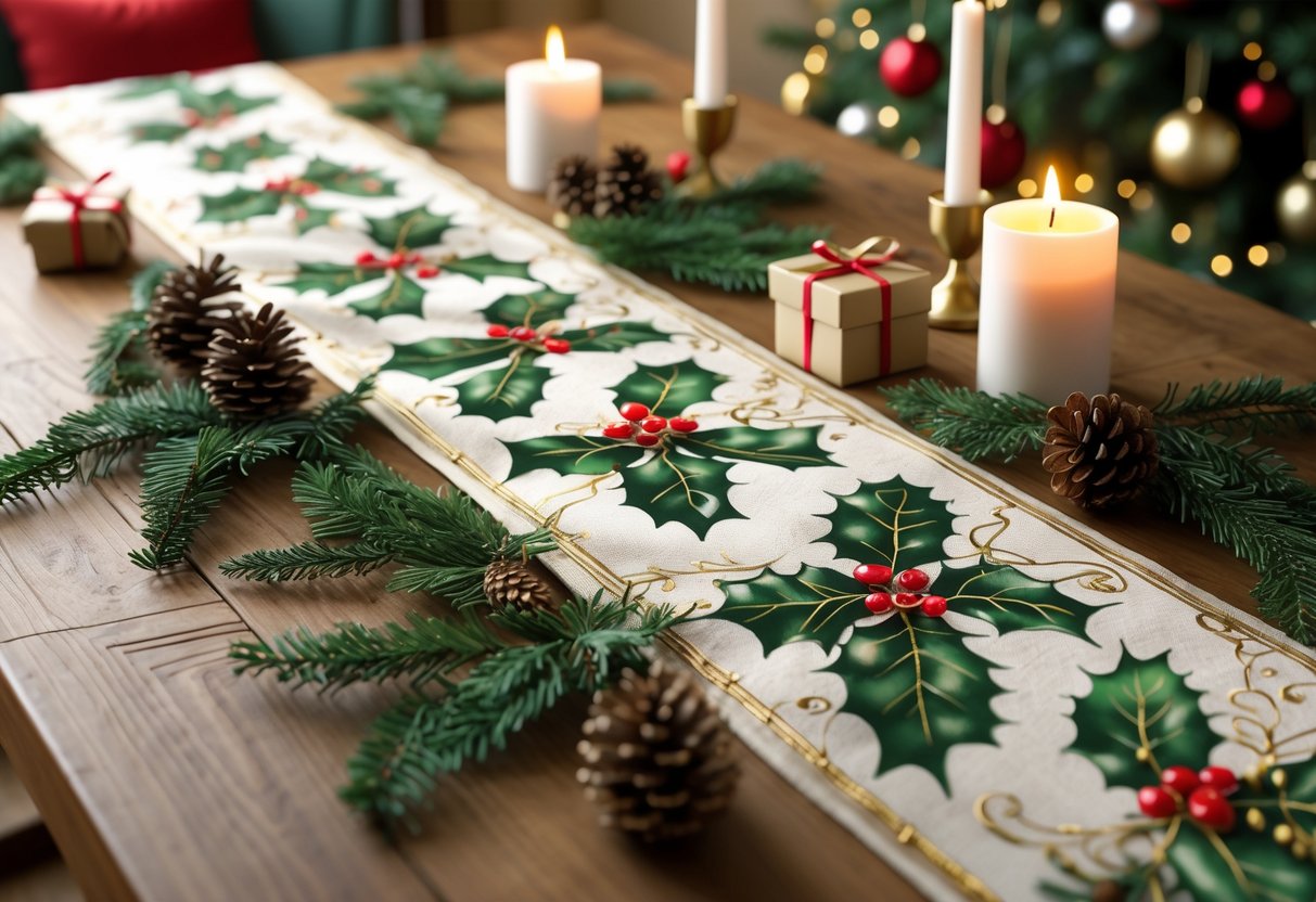 A holiday table runner decorated with holly, pinecones, and red berries on a wooden table surrounded by candles, gifts, and evergreen branches.