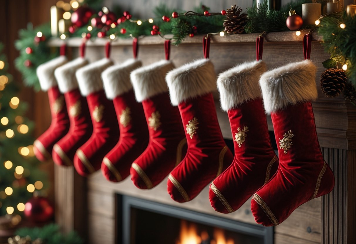 Red velvet Christmas stockings hanging on a mantel decorated with pine garlands, fairy lights, and holiday ornaments.