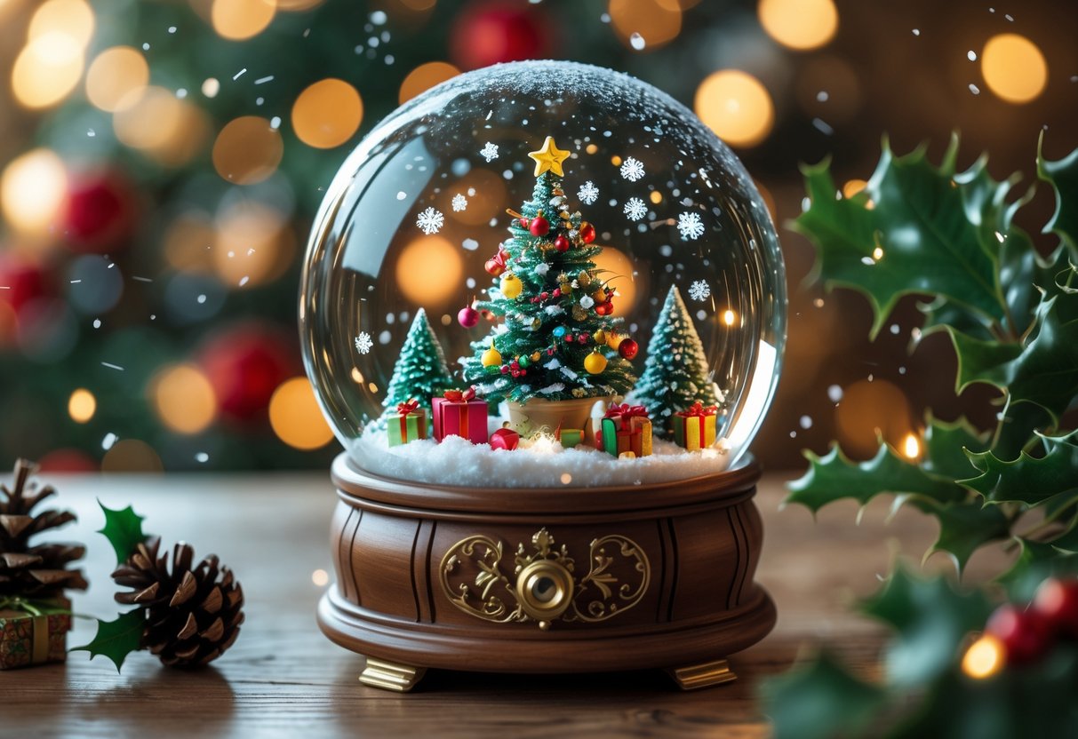 A snow globe containing a decorated Christmas tree, wrapped gifts, and swirling snowflakes on a wooden base.