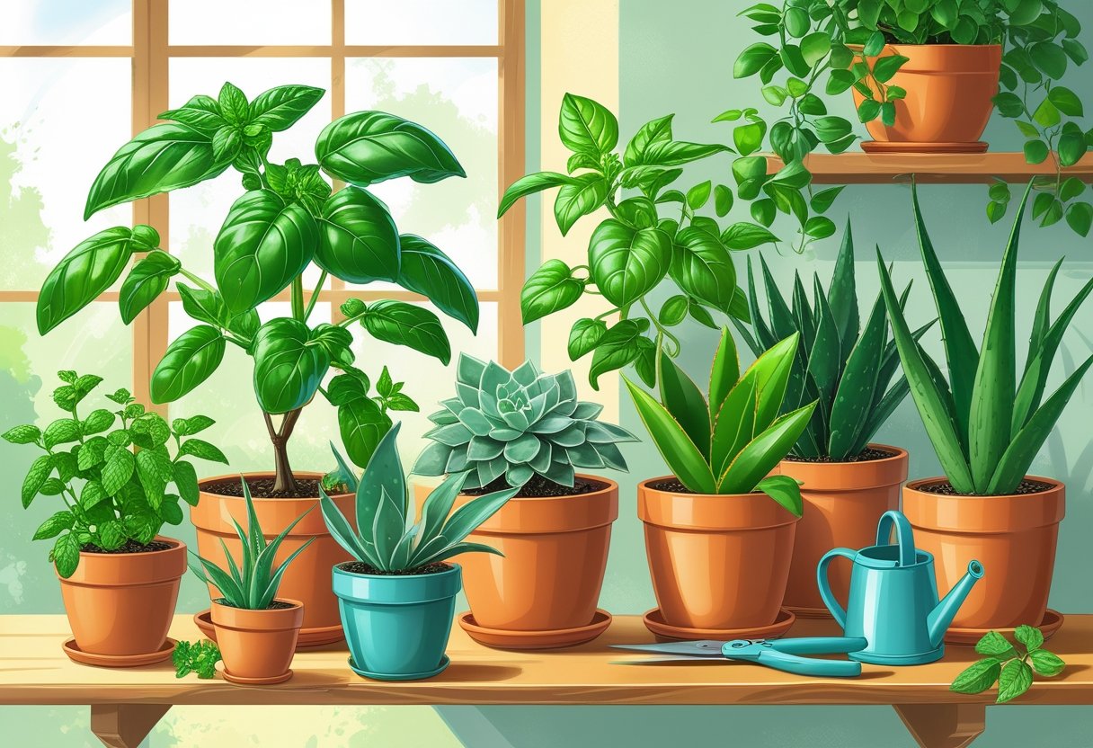 Seven healthy potted plants arranged on a wooden shelf indoors with natural light and gardening tools nearby.