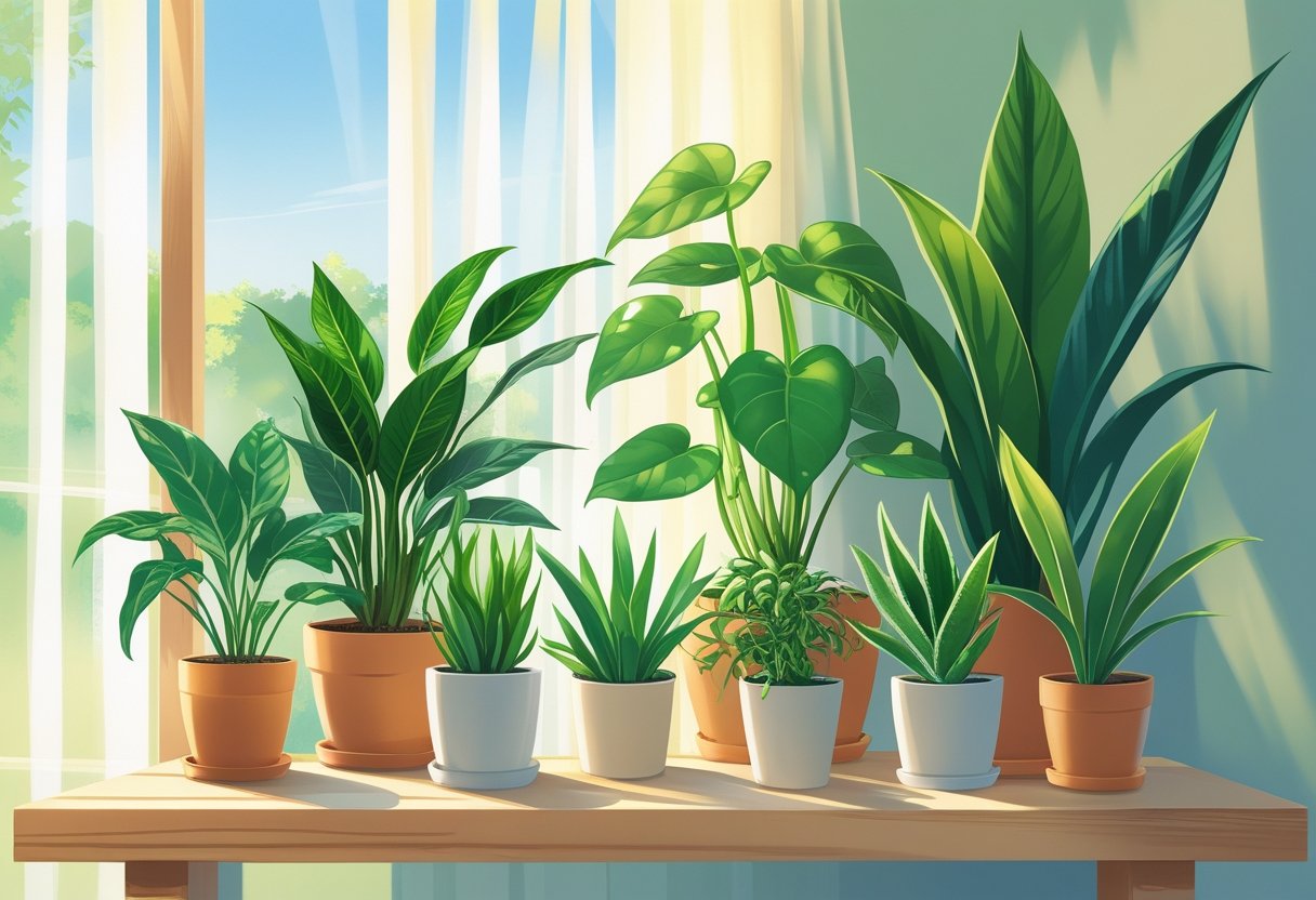 Seven healthy houseplants arranged on a wooden shelf by a sunny window in a cozy indoor space.