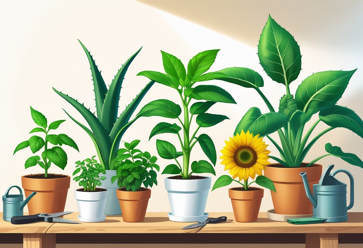 Seven different easy-to-grow plants in pots arranged on a wooden shelf with gardening tools nearby.