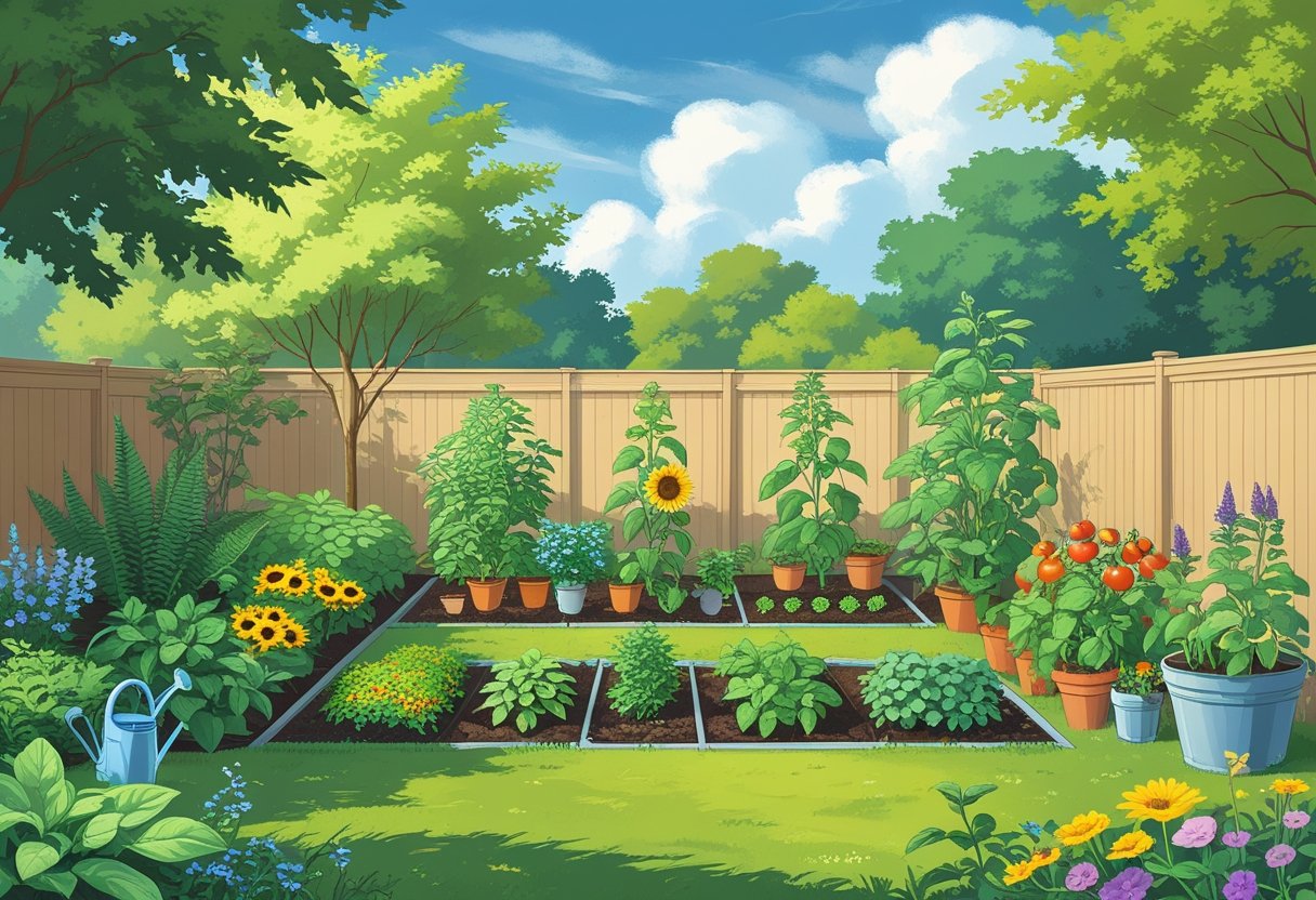 A garden divided into different zones, each with various easy-to-grow plants thriving in their specific areas under a sunny sky.