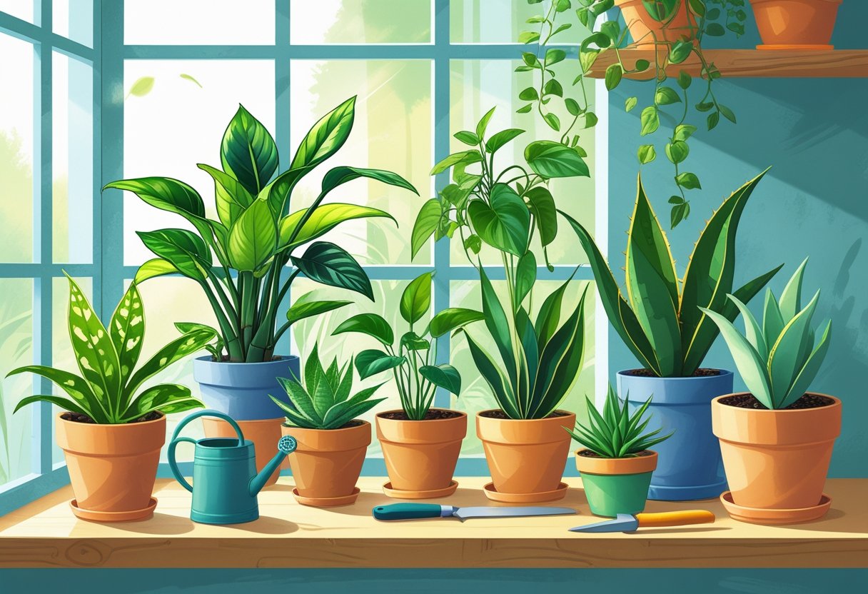 Seven different healthy houseplants arranged on a wooden shelf by a bright window with natural light, surrounded by small gardening tools.