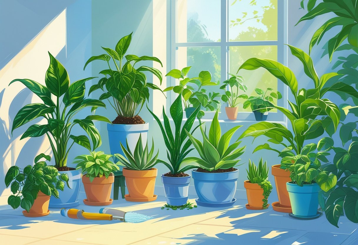 Seven healthy easy-to-grow plants displayed indoors with sunlight, a watering can, and gardening tools nearby.