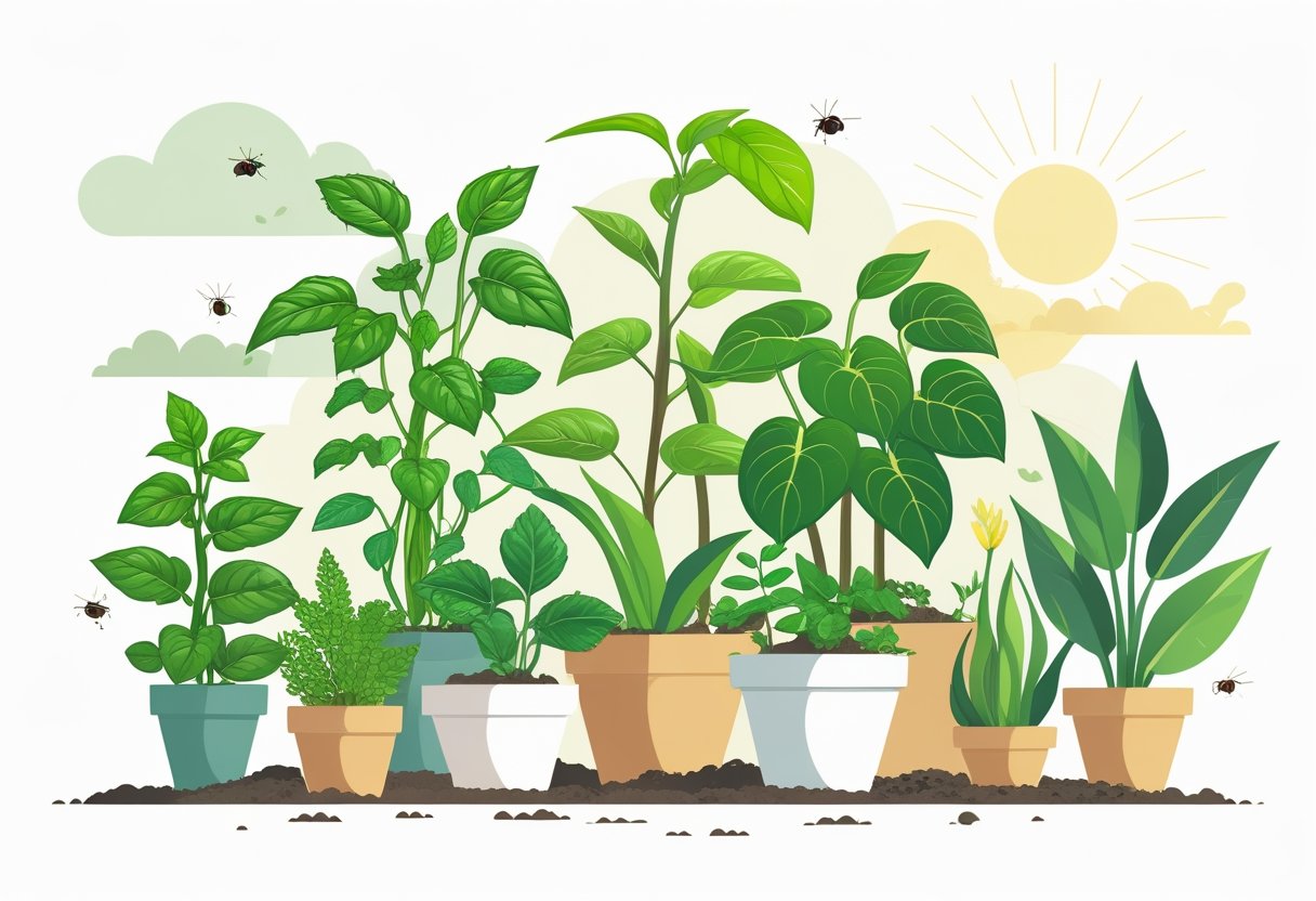 A group of seven healthy easy-to-grow plants with small signs of pests and dry soil, alongside gardening tools and sunlight representing care and solutions.
