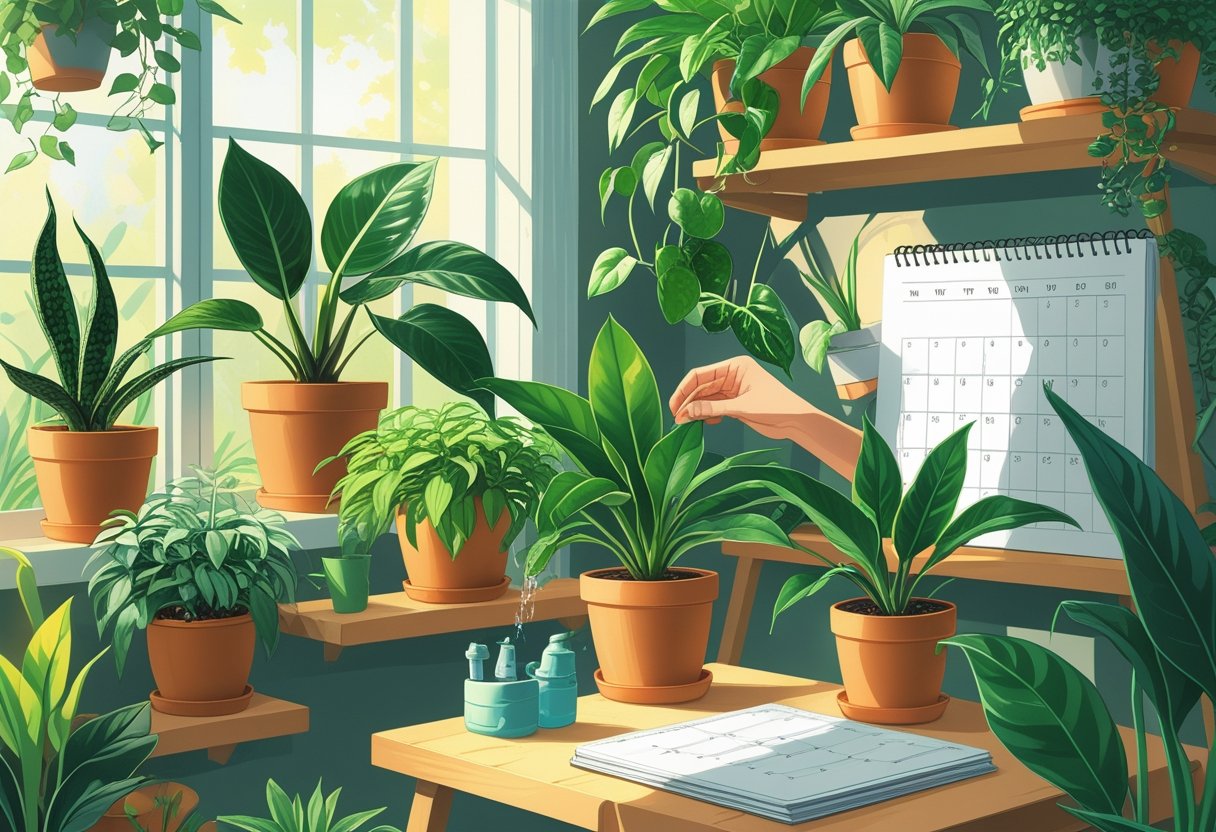A person caring for seven different houseplants in a cozy indoor space with natural light and gardening tools nearby.