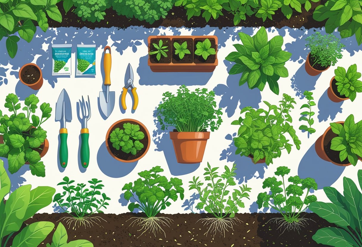 A gardening workspace with various tools and seven healthy plants growing in pots and garden beds.