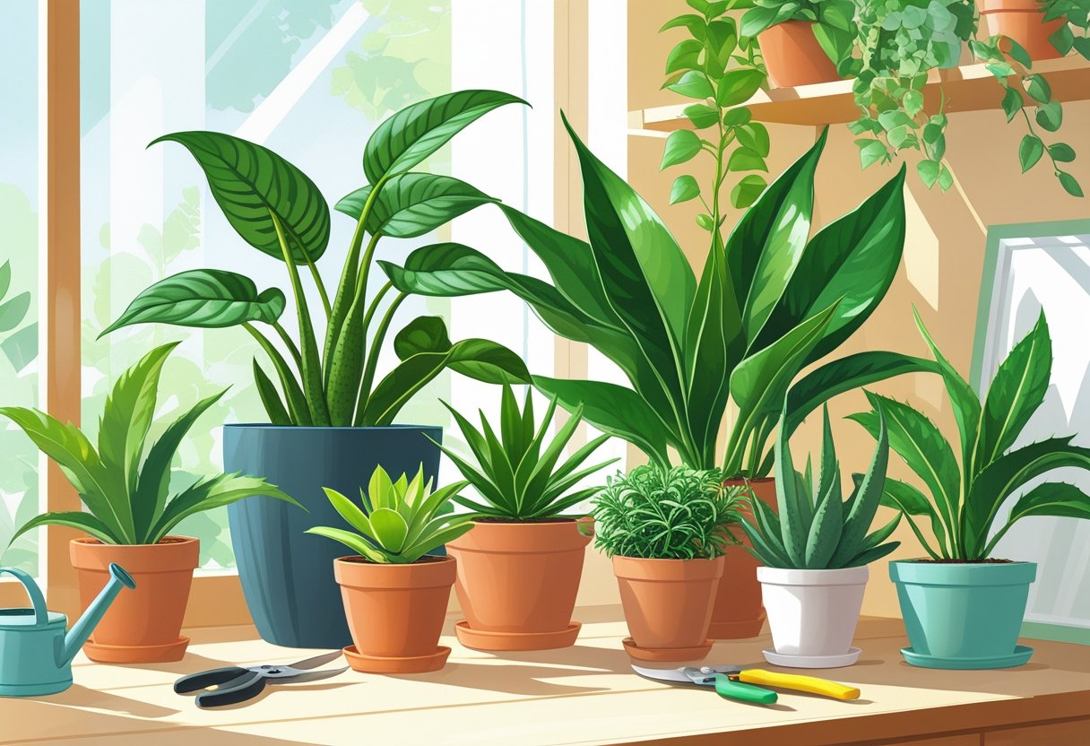 An indoor garden scene with seven healthy potted plants arranged on a wooden shelf near a window, accompanied by small gardening tools.