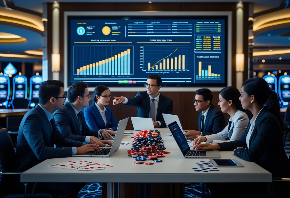 A group of business professionals in a conference room discussing risk management with laptops and charts, overlooking a casino floor.