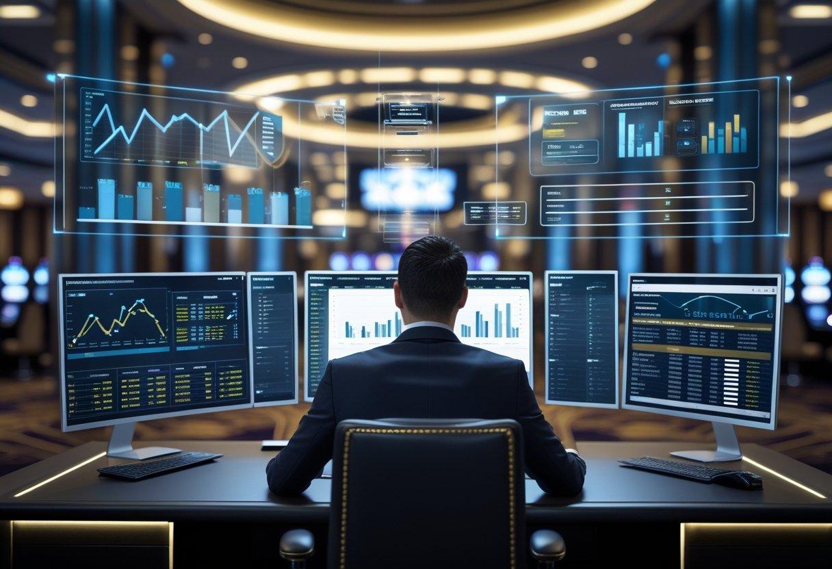 A business professional analyzing digital data screens in an office overlooking a casino floor.