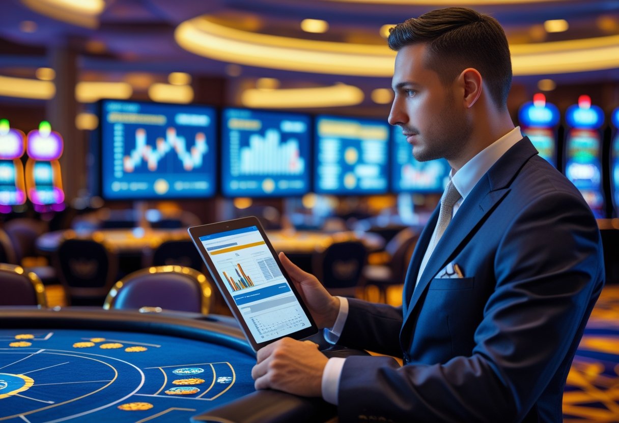 A compliance officer reviewing digital reports in a casino with gaming tables and slot machines in the background.