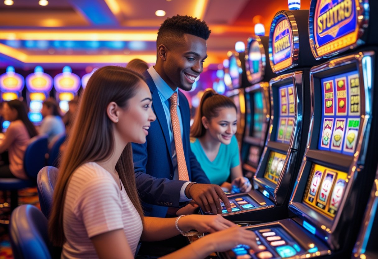 A diverse group of beginners playing slot machines in a bright, modern casino with a friendly attendant explaining the game.