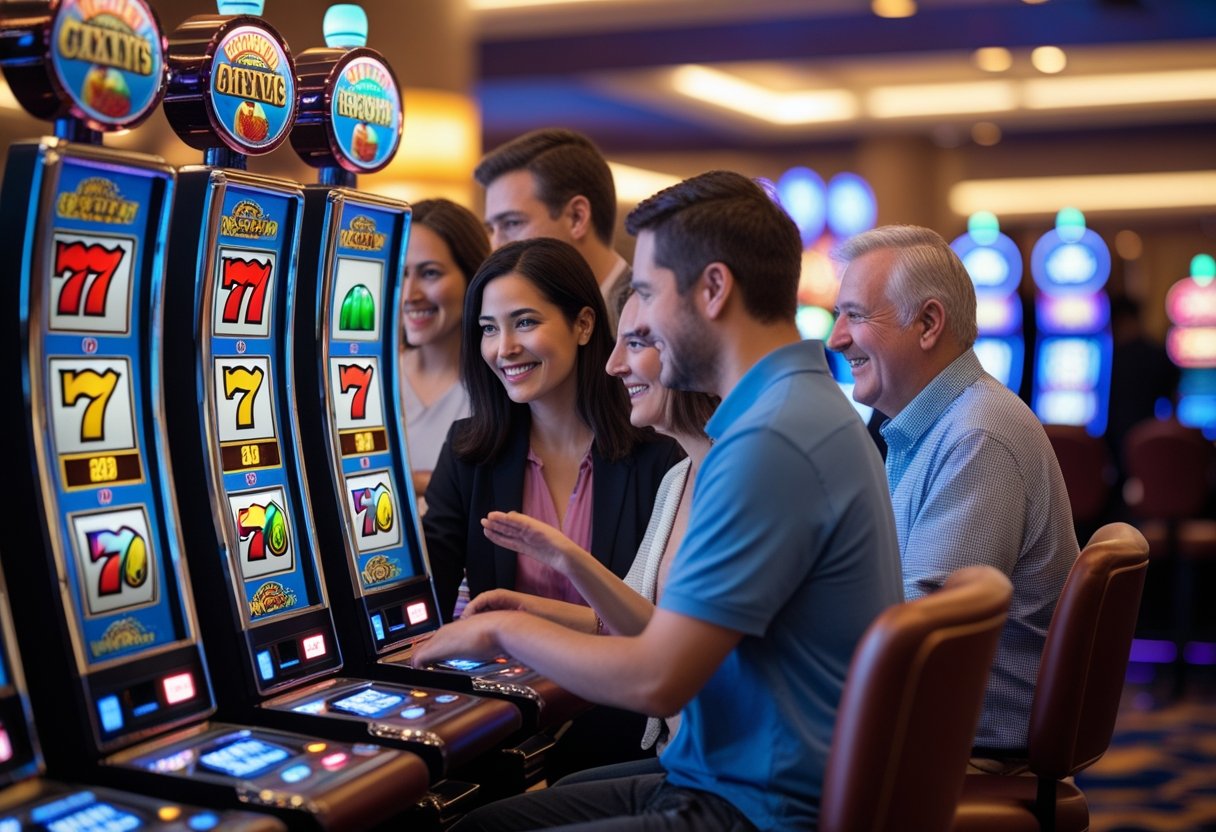 People playing slot machines in a brightly lit casino setting, showing engagement and enjoyment.