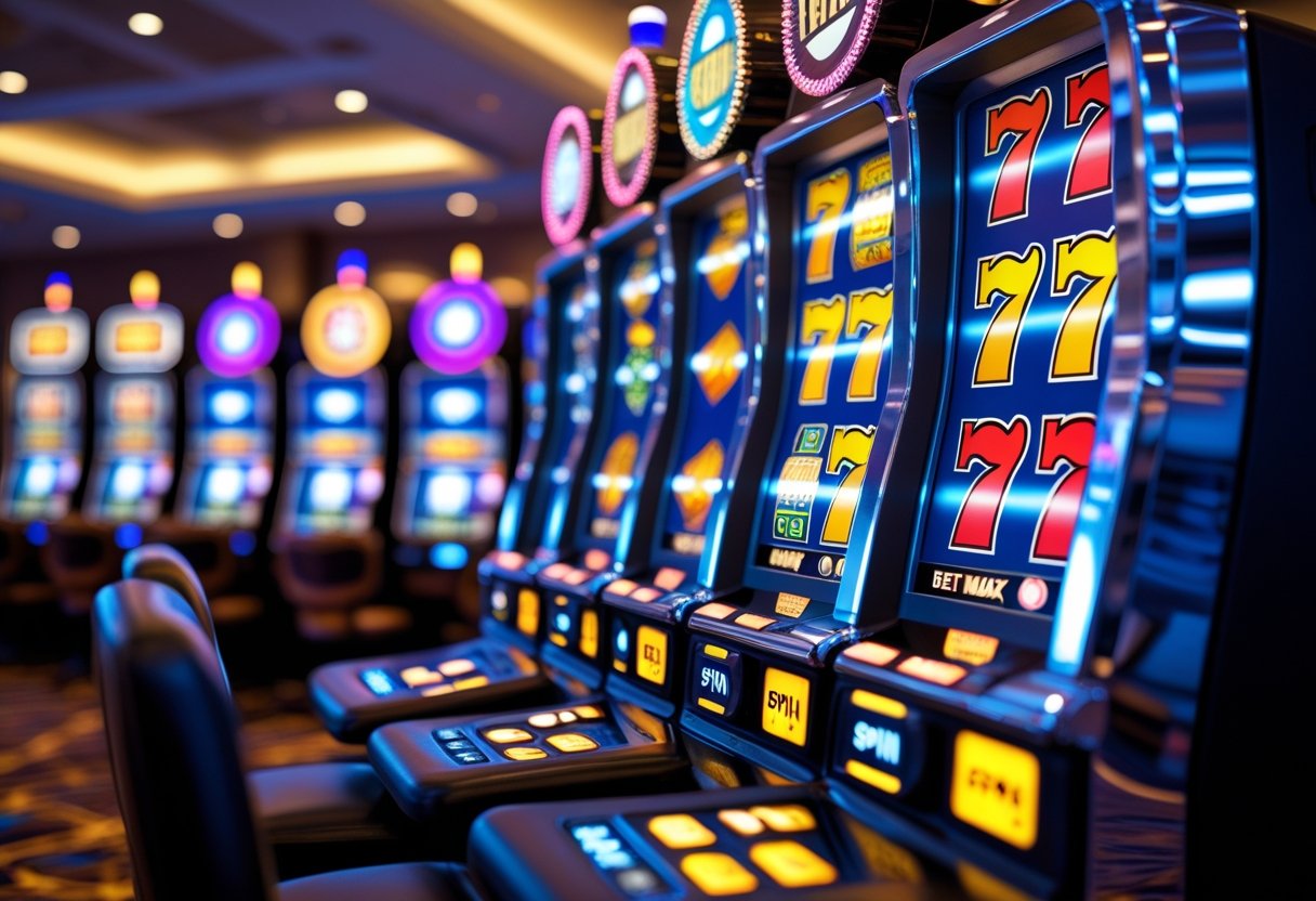 Close-up of a slot machine with illuminated reels and control buttons inside a casino.