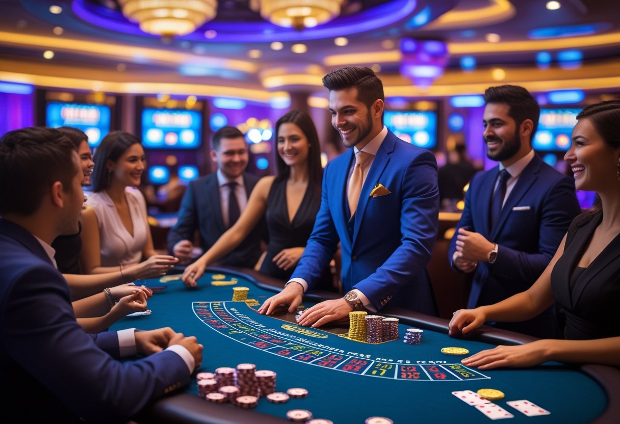 A professional dealer dealing cards at a blackjack table with players around in a lively casino setting.